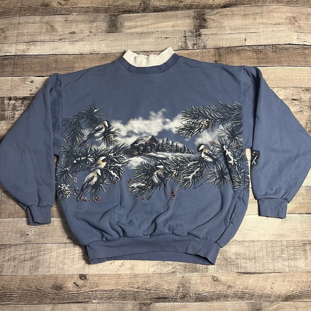 Nature Sweatshirt Size Large Women's Blue Vintage Art Unlimited Nature Birds